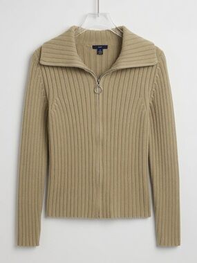 GAP Beige Ribbed Zip-Front Sweater Cardigan with Ring Pull